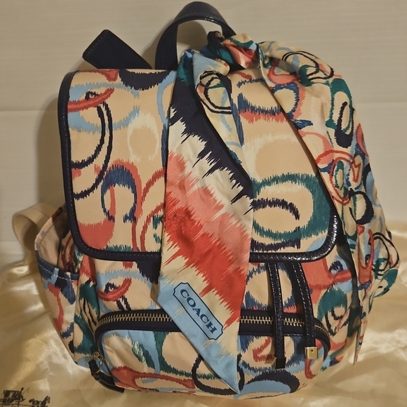 Coach Ikat Scribble Multicolor Signatur Backpack W/Matching Scarf Rare Navy Trim - Picture 5 of 16